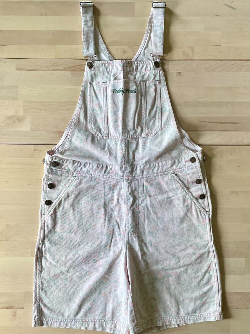 Teddy Fresh Women's Faded Floral Denim Overall Shorts Shortalls size Small